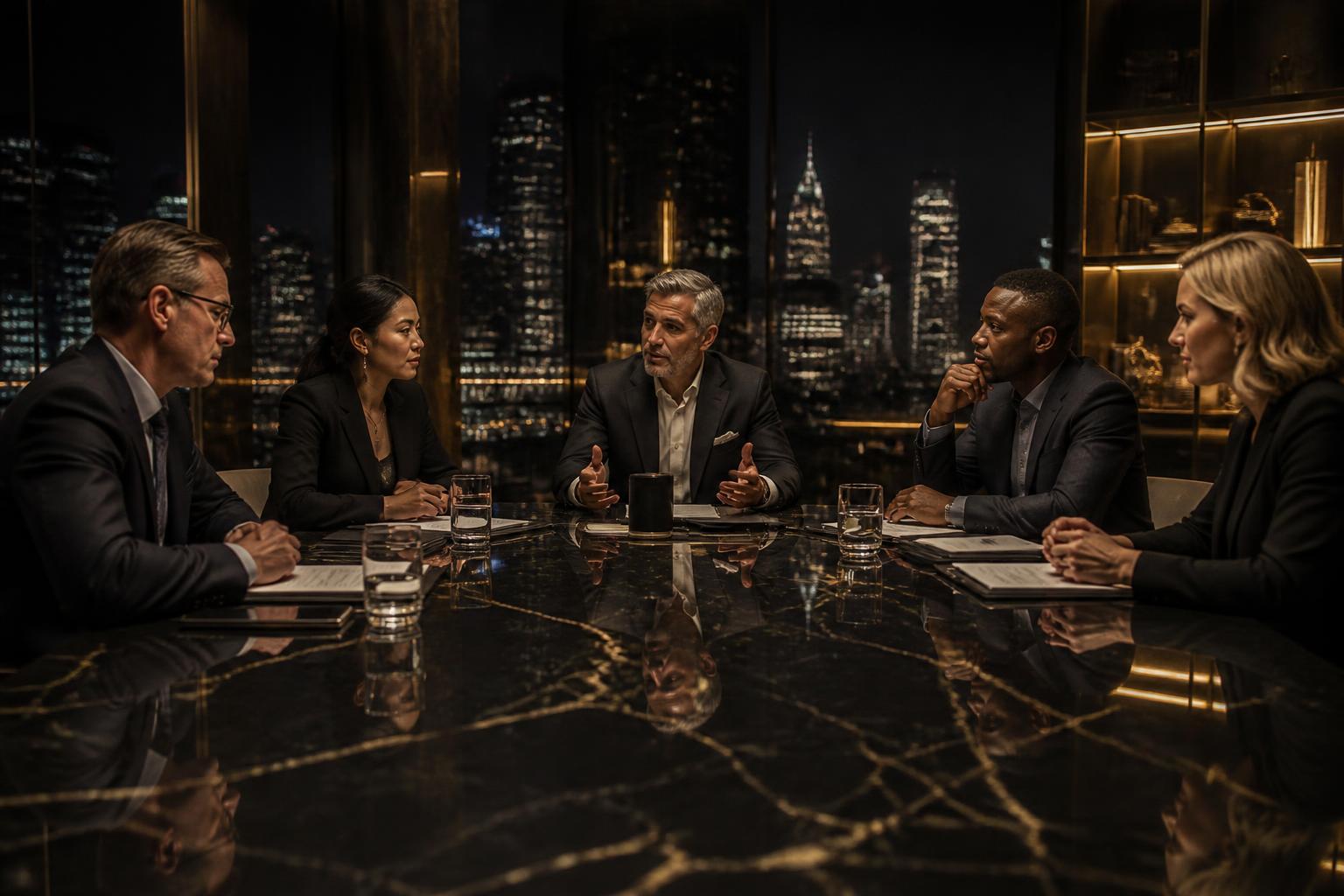 Investment committee deliberating in a boardroom